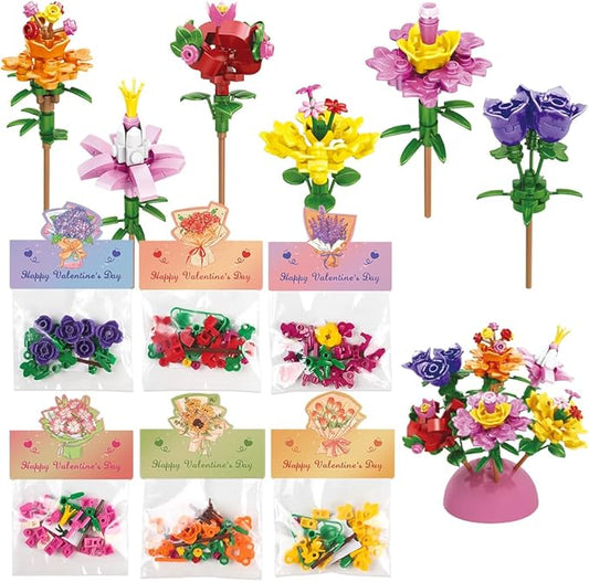 24 Pack Valentine's Flower Bouquets Building Blocks - Ideal for Kids Classroom Exchange, Party Favors, and School Gifts, includes Greeting Cards & Variety Designs for Boys and Girls
