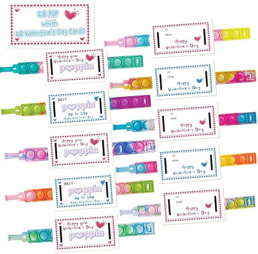 28PCS Valentines Cards with Pop Bracelets Fidget Toys, Bulk-Valentine's Day Gifts for Kids, Valentine Exchange Cards Gift for Classroom, School Party Favors for Kids, Valentine's Day Prize Toys