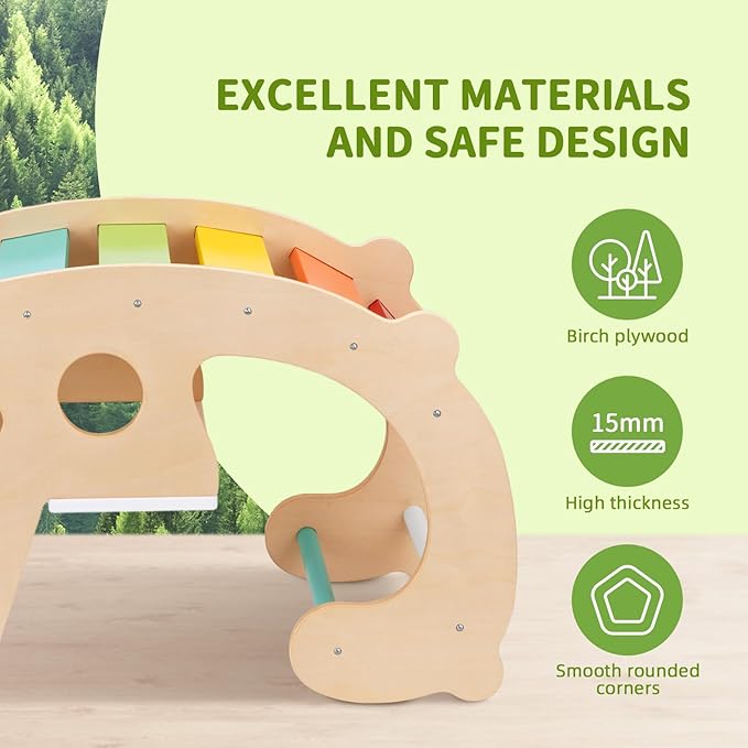 2 in 1 Rainbow Climbing Toys - Pikler Montessori Climbing Set, Wooden Rocking Horse Toy, Children Indoor Outdoor Play Gym Learning Playset, Playground for Kids Present