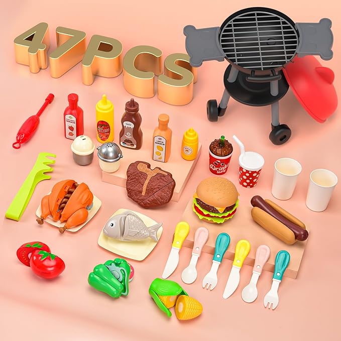 Kimiangel 47 PCS Kids Grill Playset, Interactive Kitchen Toy BBQ Grill Set with Sound & Light, Pretend Play Toy Outdoor Barbecue Cooking Kitchen Game Set Gift for Kids Boys Girls Ages 3+ Red