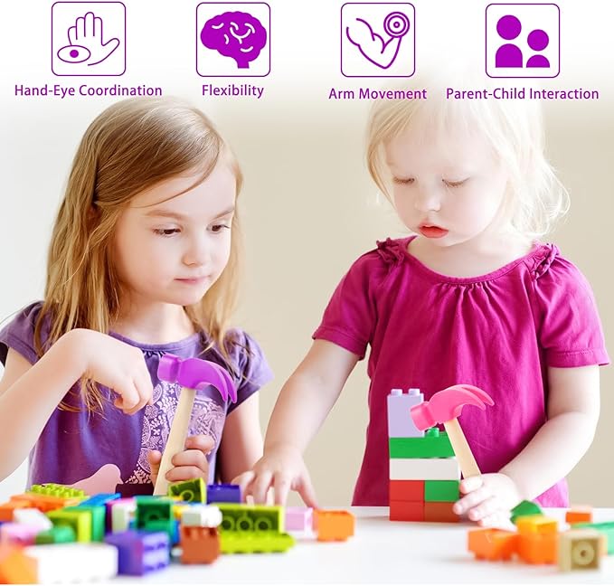 2 Pack Wooden Hammer Toys Simulation Hammers Maintenance Tools Educational Toys for Kids Birthday Party Games Supplies (Purple + Rose Red)