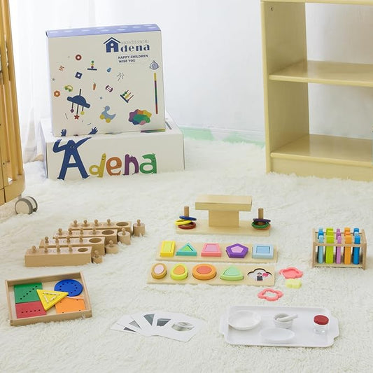 Adena Montessori Play Kit for 22-24 Months Baby,7 in 1 Learning Educational Toys for Toddler,Include Geo Shapes Puzzle,Montessori Cylinder Blocks and More,Christmas Birthday Gift for Boys Girl
