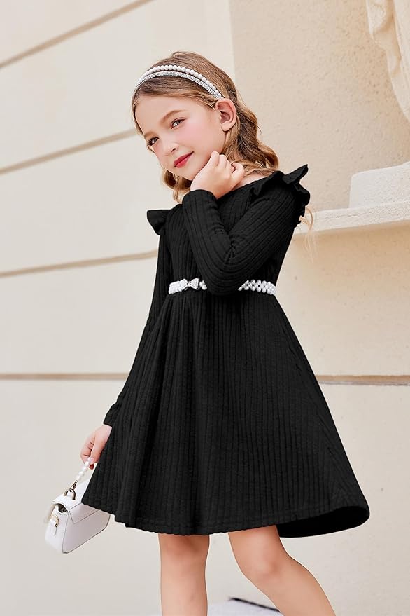 Arshiner Toddler Girl Dress Baby Girls Knitted Ruffle Sleeve Pocket Dresses A-Line Flared Fall Winter Clothes for 2-8 Years