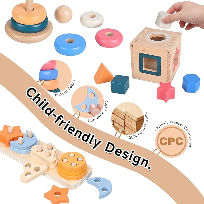 4-in-1 Wooden Montessori Toys for 3+ Year Old - Educational Sensory Toys for Toddlers Aged 3+, Baby Learning Toys for Boys and Girls, Christmas Birthday Gifts