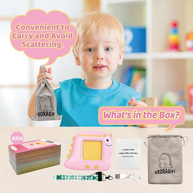 Kids Toddler Toys, Baby Dinosaur Talking Flash Cards for 2 3 4 5 6 Year Old Boys Girls with 224 Sight Words, Autism Sensory Toys, Montessori Learning Educational Toys Children Gifts (Pink)