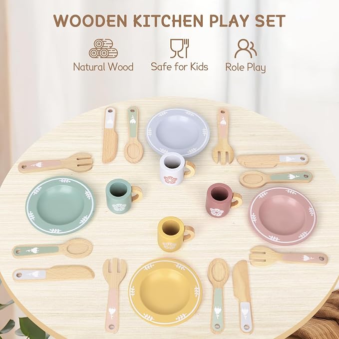 20 PCS Kitchen Playset with Wooden Toy Plates and Dishes, Montessori Kitchen Toys for Girls and Boys, Wooden Play Kitchen Accessories for Kids Toddlers Aged 3 and up