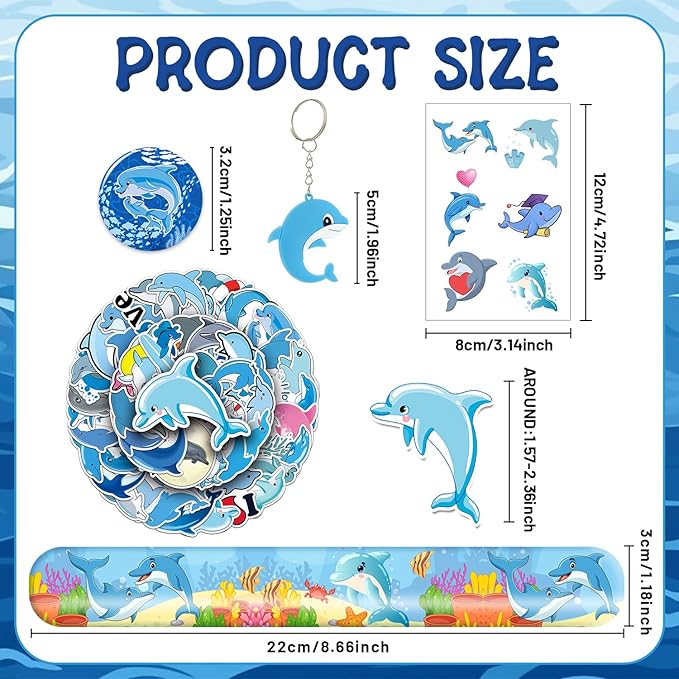 98 PCS Dolphin Party Favors, Dolphin Temporary Tattoos Slap Bracelets Keychains Stickers Badges for Dolphin Birthday Party Decorations Supplies Gifts for Kids Teens Boys Girls Classroom Rewards