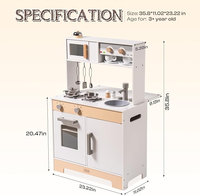 2 in 1 Play Kitchen for Kids Wooden Chef Pretend Play Kitchen Playset with Sounds Food Cookware Accessories Set for Boys Girl Birthday Gifts White