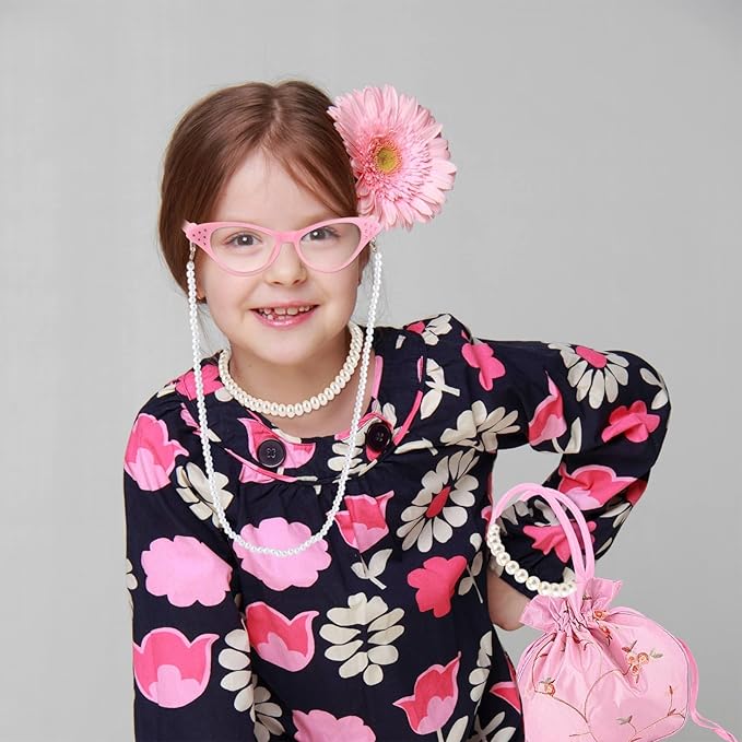 9 PCS 100 Days of School Old Lady Wig Set Include Wig Glasses Necklace Bracelet Glasses Chain Bag Cane and Stickers