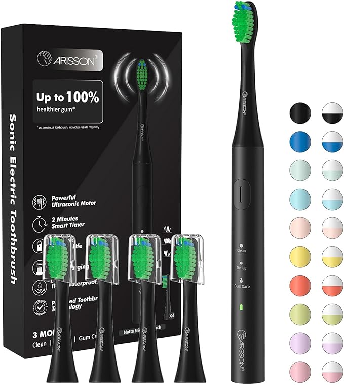 ARISSON Sonic Electric Toothbrush for Adults, 1.5H Charge for 90 Days, 40,000 VPM Power Toothbrush, 2 Min Timer, Faster charging, stronger cleaning, smarter brushing, Matte Black