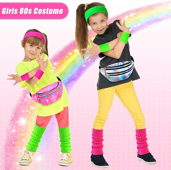 Giegxin 2 Set 80s Leg Warmers Set for Girls Kids Neon Ribbed Knit Leg Warmers Fitness Headband Wristbands for Cosplay Party