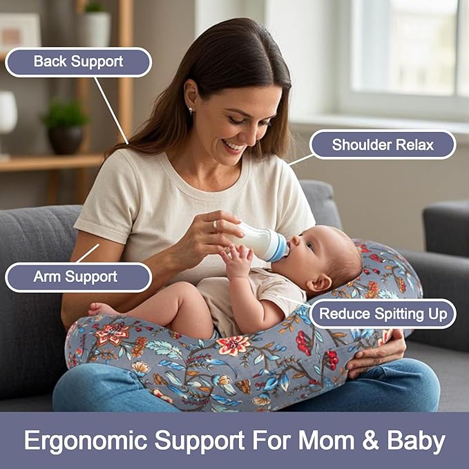 Nursing Pillow, Breastfeeding Pillows with Standard Size Removable Cover, Breast Feeding Pillow with Breathable Filling, Ergonomic Nursing Essentials for Bottle and Breastfeeding (Peony)