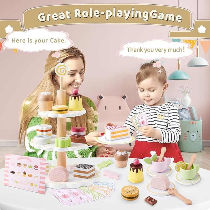 Wooden Tea Party Set for Little Girls, Ehome Princess Tea Time Toy Including Dessert Tray Cake, 31pcs Kids Dessert Toys Pretend Play for Girls Boys Age 1-6