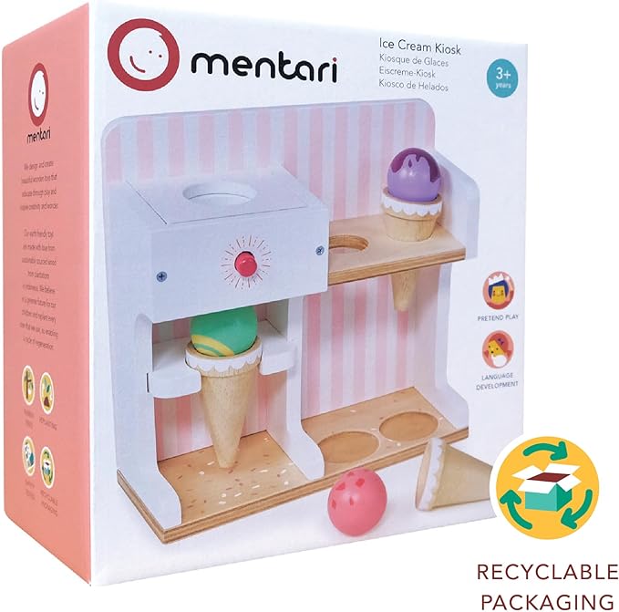 Mentari Toys - Ice Cream Kiosk - 7pc Wooden Play Shop with Cornets & Scoops - Press & Drop Feature - Pretend Play Toy for Toddlers - Encourages Creativity, Fine Motor Skills & Social Play - Age 3+