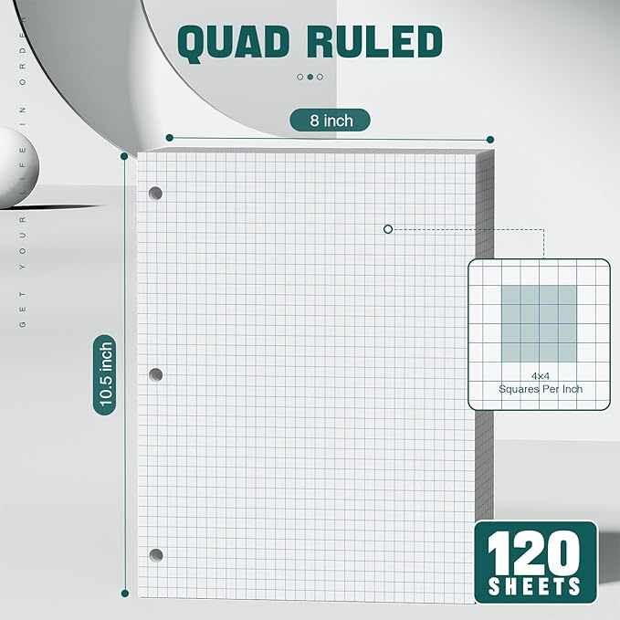 360 Sheets Quad Ruled Graph Paper, 3 Hole Punch Paper 8 x 10.5 White, Loose Leaf Graph Paper,Filler Paper 4 x 4 Graph Rule, Notebook Paper for 3 Ring Binder, Engineering Paper for School Home Business