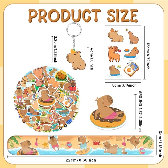 98 PCS Capybara Party Favors, Capybara Temporary Tattoos, Slap Bracelets, Keychains, Stickers, and Badges for Kids Capybara Birthday Party Decorations and Classroom Rewards