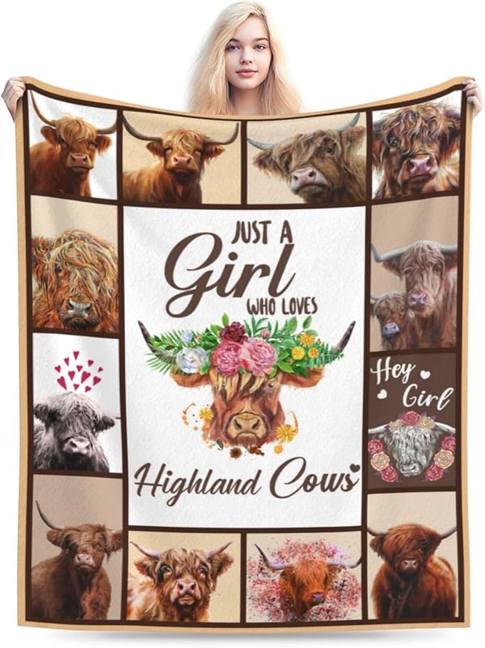 Just A Girl Who Loves Highland Cows Throw Blanket Cute Highland Cattle Fleece Plush Soft Cozy Cartoon Farm Cow Animal Gifts Blanket for Kids Girls Adults Couch Bed Chair Office Dorm Decor 40''X50''