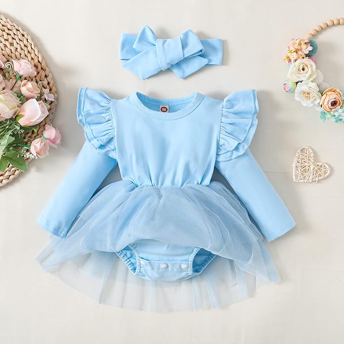 Baby Girl Ruffle Sleeve Romper Dress Outfit Newborn Princess Tulle Dresses Infant Jumpsuit Tutu Skirt Set Clothes