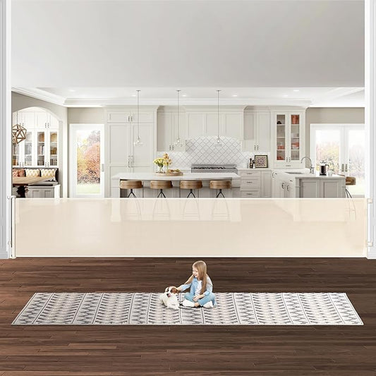 175 Inch Extra Wide Retractable Baby Gates for Large Openings, Extra Long Retractable Dog Gate for Doorways 33" Tall Mesh Pet Gate for Wide Openings Large Baby Gate for Indoor Outdoor (Beige)