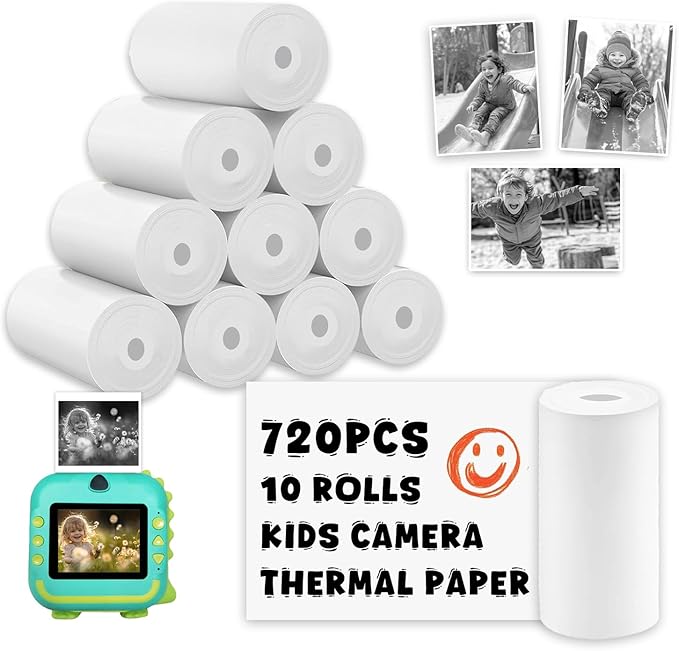 720Pcs Thermal Paper for Kids Camera Instant Print, 57x25mm Instant Print Paper, 10 Rolls Kids Camera Instant Print Paper Compatible with Most Instant Print Cameras for Kids(72 Pcs/Roll)