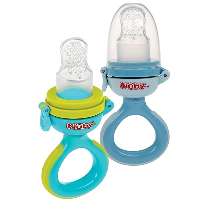 Nuby Baby’s First Food Feeder - Soft Silicone Feeding Pouch with Hygienic Cover | for First Soft Foods and Teething | 2 Pack: Aqua & Blue | Twist n' Feed | Promotes Self Feeding |10+ Months