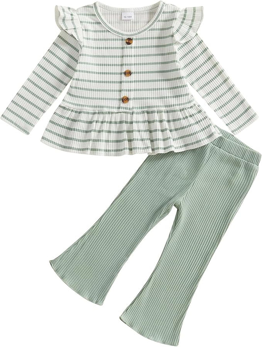 Mubineo Toddler Baby Girl Clothes Cute Ribbed Outfits Knit Long Sleeve Shirt Tops Bell Bottom Pant Fall Winter Outfit