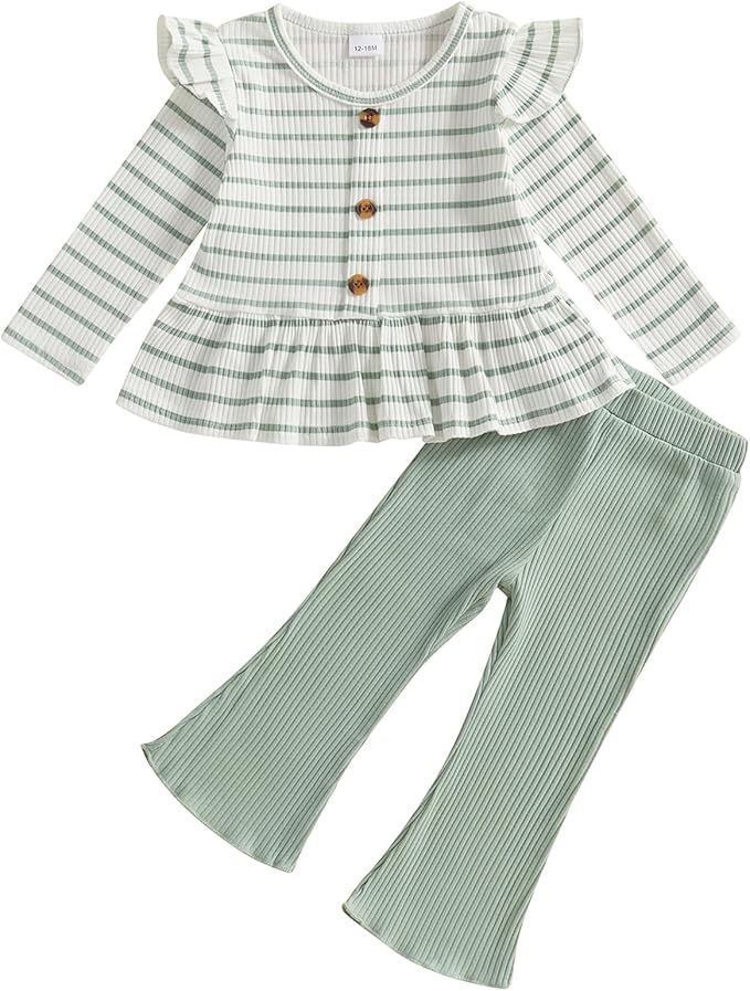 Mubineo Toddler Baby Girl Clothes Cute Ribbed Outfits Knit Long Sleeve Shirt Tops Bell Bottom Pant Fall Winter Outfit