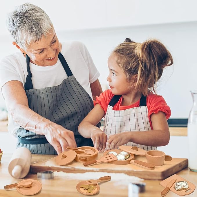 Play Kitchen Accessories Montessori Wooden Toys Kids Kitchen Toy Set Cookware Plates Dishes Pots Pans Cooking Playset 15 Pieces Sensory Toys for Toddlers Girls Boys with Storage Bag