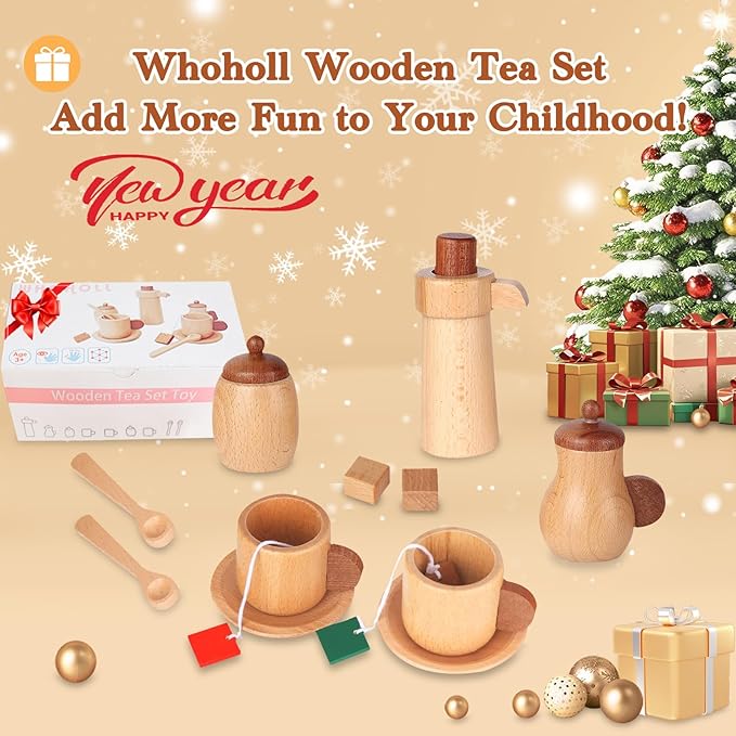 WHOHOLL Wooden Tea Set for Little Girls, Natural Wood Toys Tea Party Set, Kids Tea Set for Toddlers 1-3, Baby Play Tea Cup Set for Pretend Play, Play Kitchen Accessories with Storage Bag
