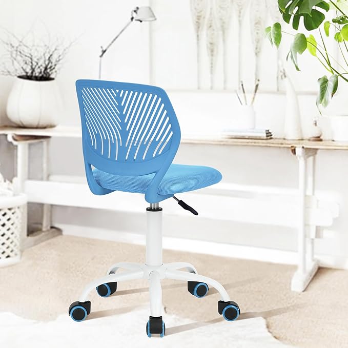 FurnitureR Desk Chair Armless Small, Mesh Comfy Home Office Chair with Plastic Low-Back, Adjustable Swivel Study Chair Computer Task Chair for Student Children Kids with Wheels, Blue