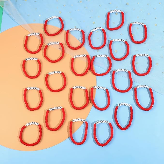 24 Pcs Cheerleader Gifts for Girls Handmade Friendship Bracelets for Teen Girls Stretch Cheer Bracelets Y2k Cheer Stuff Stackable Clay Bead Bracelets Bulk Teens Birthday Christmas Party Favors