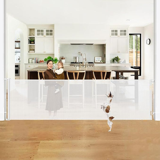 42" Tall X 130" Extra Wide Retractable Gates for Large Openings Extra Tall Baby Gate for Doorways Tall Dog Gates Indoor Outdoor Retractable Gate Extra Long Mesh Gate Tall Pet Gate for Stairs, White