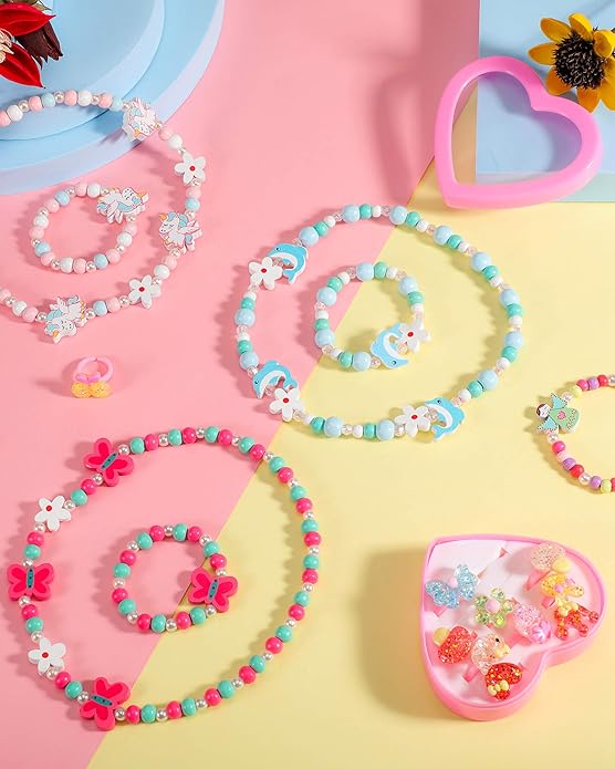 30 Pieces Girl Princess Necklace Bracelet Jewelry Set Includes 10 Sets Girls Beaded Necklace Bracelet and 10 Rings with Plastic Heart Shaped Box for Dress Up Party Cosplay Accessories