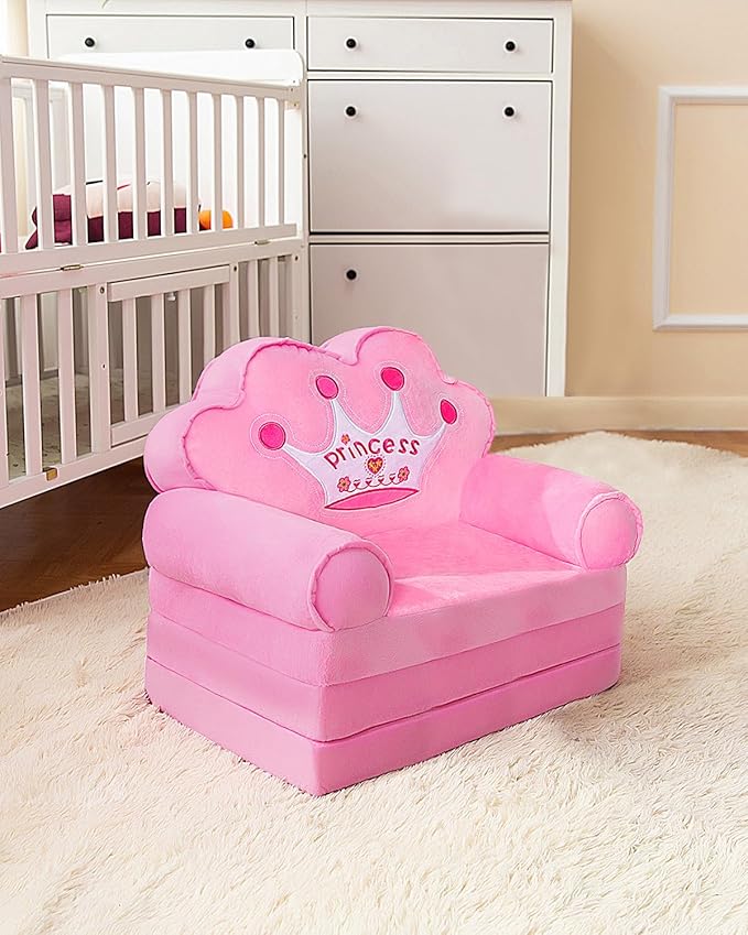MOONBEEKI Kids Foldable Sofa Bed, Princess Chair for Toddlers 1-3, Pink Cartoon Shape, High Density Foam, Fold Out Couch for Bedroom, Sofa Bed for Girls, 15.1x19.7x2.4 inches, 4.4 lbs