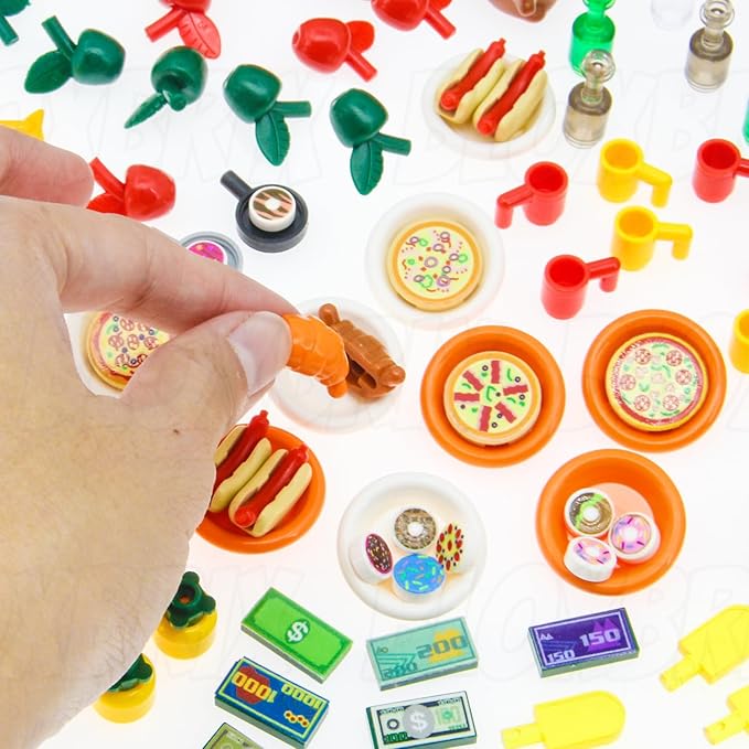 180pcs City-Friends Brick-Food-Pieces -Fruit-Apple-Banana-Pineapple-Cherry Desserts-Ice Cream-Cake-Sweet Cone Picnic--Pizza-Hotdogs-Turkey-Fish-Beer-Money Toys for Extra Bricks