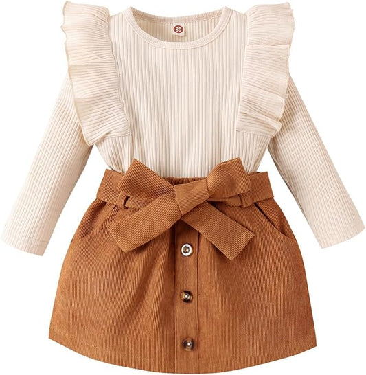 Fernvia Toddler Baby Girl Fall Winter Skirt Set Turtleneck Ribbed Long Sleeve T-Shirt Top & Plaid Skirts Dress 2Pcs Outfits