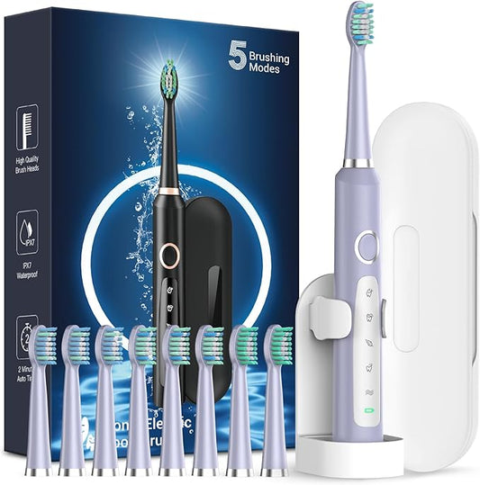 Rtauys M5 Sonic Electric Toothbrush for Adults and Kids - Rechargeable Electric Toothbrush Kids Ages 12+ and Adults with 8 Brush Heads & Travel Case, 120 Days Battery Life - Light Purple