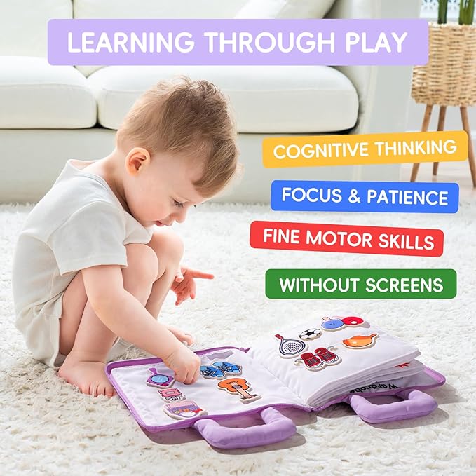 Jollybaby Quiet Book for Kids, Toddler Travel Toys Felt Busy Book Preschool Learning Montessori Toddler Quiet Book 10 Page Activity Book for 2 3 4 Year Old Girls(Purple)