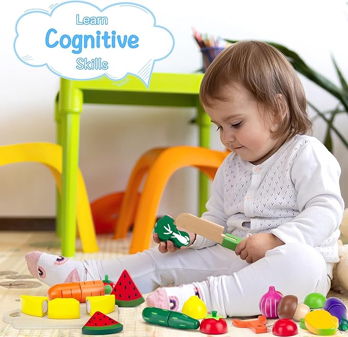 Wooden Play Food Sets for Kids Kitchen Fake Food Cutting Fruits Vegetables and Meat Pretend Play Toddler Toys Food Montessori Toys for 3 4 5 6 7 Years Old Gifts for Boys and Girls