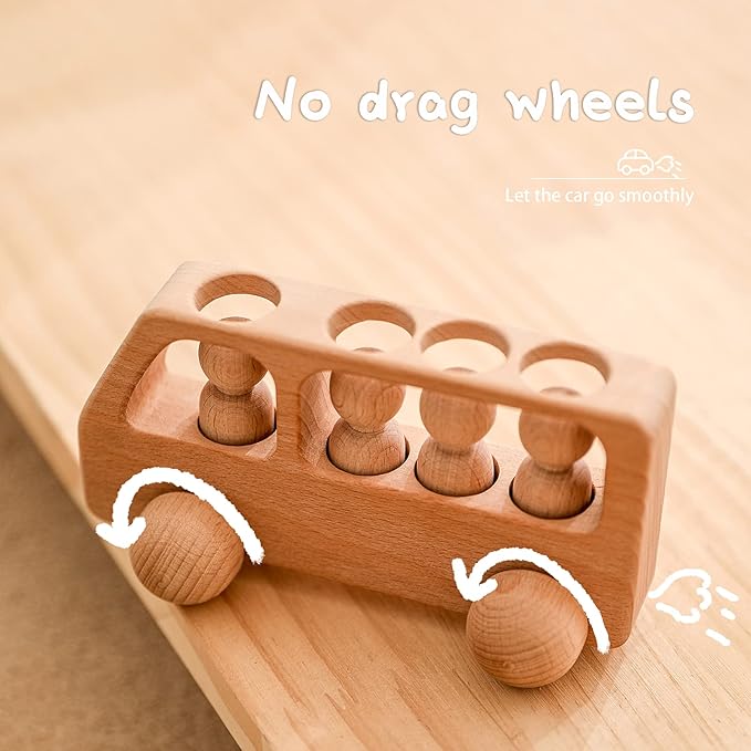 4 Wooden Figures in The Bus - Peg Dolls Unfinished Wooden Peg People Cars Wooden Figures Shape Preschool Learning Educational Toys Montessori Toys for Toddlers