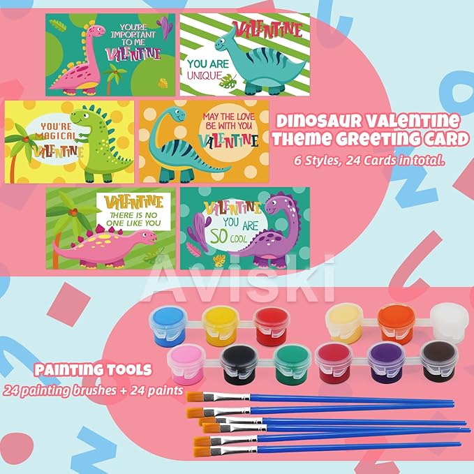 24 Pack Valentines Day Cards for Kids with Dinosaur Painting Kit for Kids, Valentines Greeting Cards for School Classroom Exchange Gifts, Happy Valentines Day Arts and Crafts Party Favor Supplies