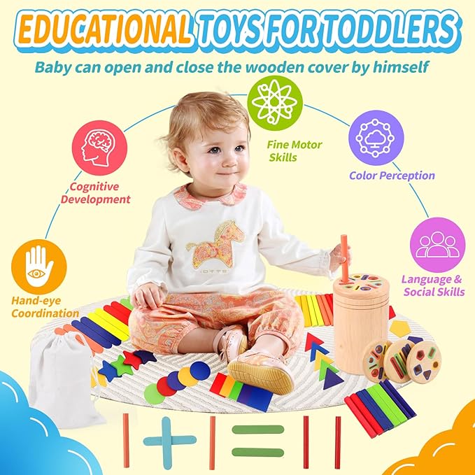 3-in-1 Montessori Wooden Toys for Toddlers 1-3 | Color Sorting & Fine Motor Skills Learning | Sensory Fidget Gifts for Boys & Girls | Educational Play for Ages 1+