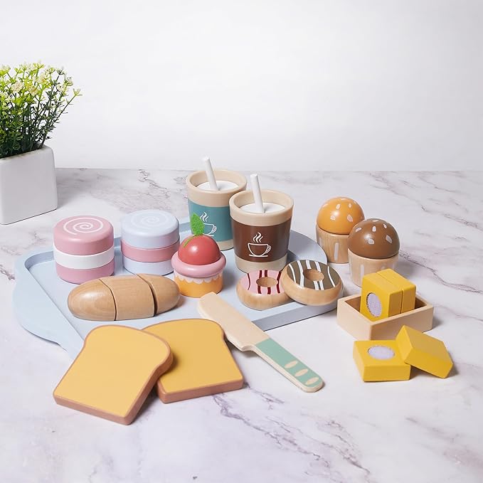 21pcs Wooden Breakfast Set Kids Pretend Play Toy Kitchen Accessories, Toddler Kitchen Playset with Coffee, Dessert, Cutting Bread, Butter, Wooden Toy Food Set Boys & Girls Birthday Gift