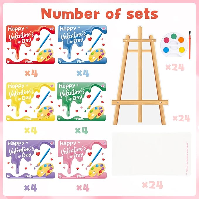 24 Pcs Easel Valentines Day Cards for Kids School with Mini Watercolor Paint Sets for Classroom Exchange, Valentines Gifts Party Favors for Boys Girls