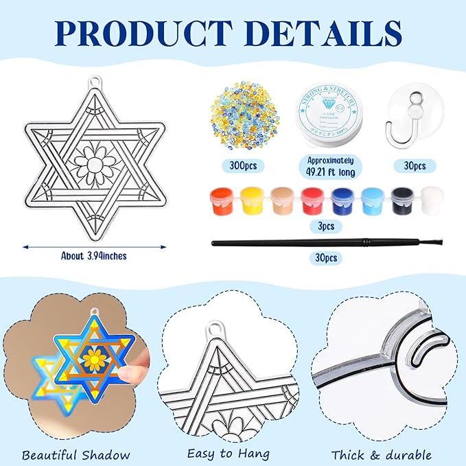 30 Set Hanukkah Craft Kit Chanukah Suncatchers Kits Window Art Menorah Dreidel DIY Make Your Own Paint Suncatcher Ornaments for Jewish Hanukkah Art Craft Activity