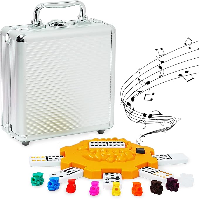 Yinlo Mexican Train Dominoes Set, Double 12 Dominoes Set: Colorful Dot Pips, Real Train Sound Effect Hub, Score Pad and 9 Colorful Trains, 91 Tiles Domino Game Set
