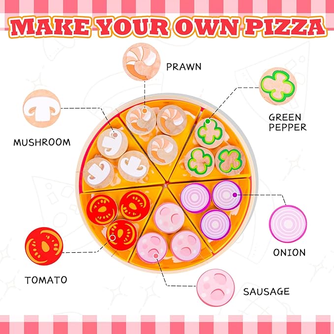 Wooden Pizza Toy for Kids, Toddler Play Food Pizza Cutting Set, Pretend Play Food with Toppings Cutter and Spatula Kitchen Accessories Montessori Toys Gifts for Boys Girls Ages 3 4 5 6 Years Old
