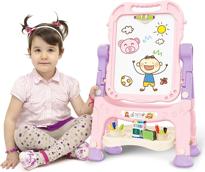 Kids Art Easel, Adjustable Drawing White Board & Chalk Board, Toddler Standing Easel with Painting Accessories, Gift for Girls Boy (Pink)
