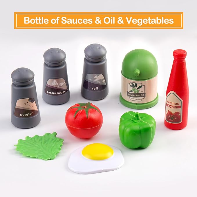 90Pcs Kitchen Playset Accessories, Pretend Cooking with Pots, Pans, Cookware, Food, Fruit, Veges, Color Sorting Baskets, Prop Money, Learning Gift for Girls Boys Toddlers (Turquoise)