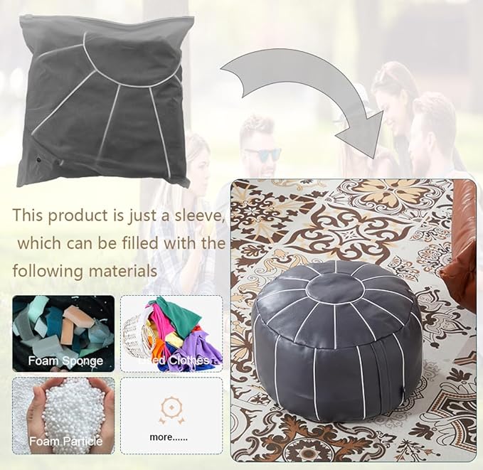 Louis Donné 21 Inch Unstuffed Moroccan Pouf Ottoman Cover, Handmade Faux Leather Foot Stool, Round Storage Poof Cover, Exotic Décor for Living Room Bedroom or Wedding Gifts (Light Gray)